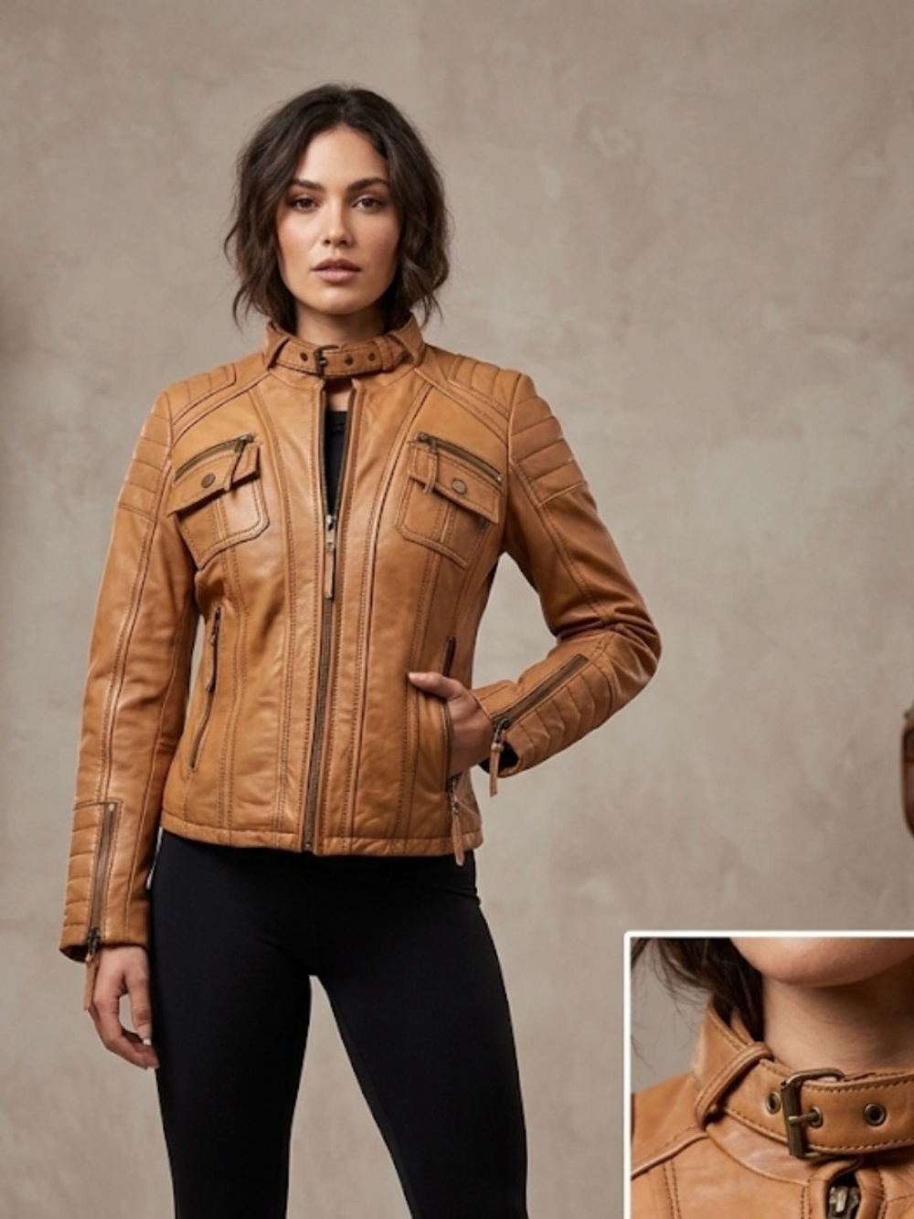 Michael Kors Cognac Leather Moto Jacket with Snap Collar